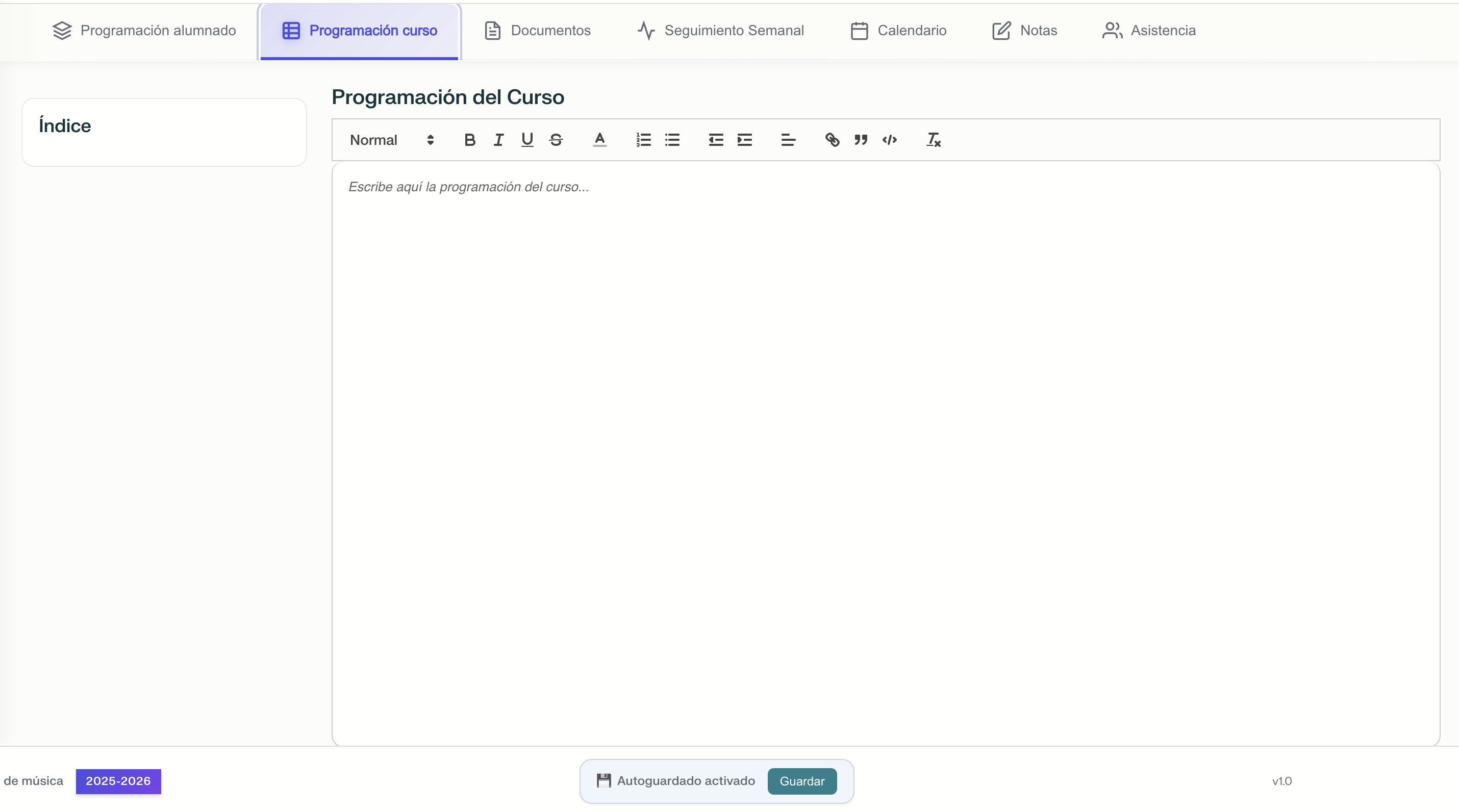 Editor de programación del curso